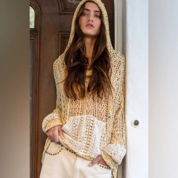 POL Yellow Powder Banana Crochet Knit Hoodie Sweater - Picture 7 of 7